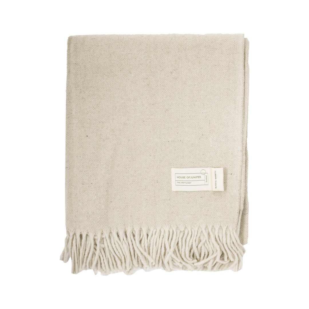 Recycled Wool Herringbone Blanket with Fringe - Soft Warm Throw - SAND BEIGE/NATURAL