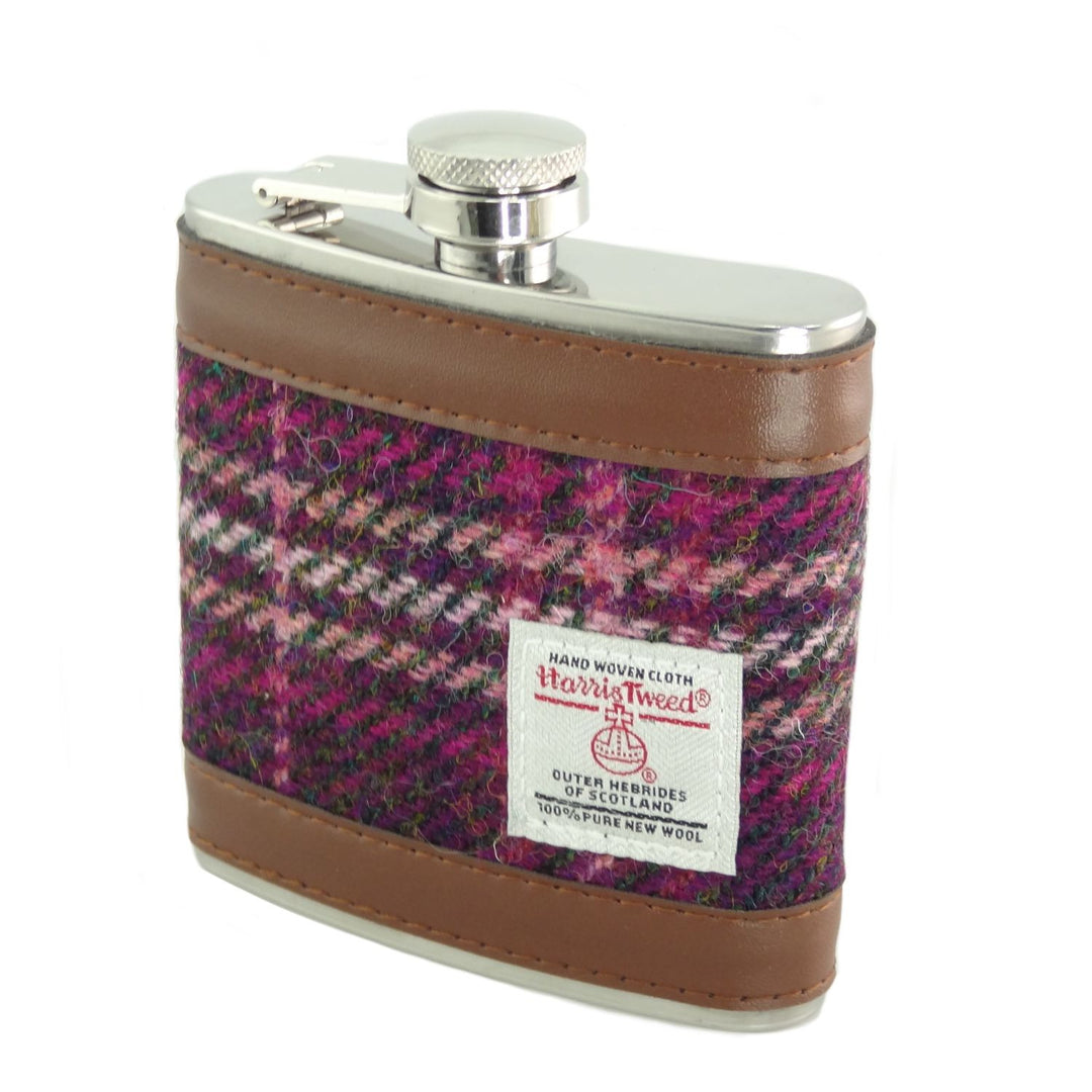 Harris Tweed 6oz Hip Flask - Classic Scottish Gift Idea - Purple Check (COL131)