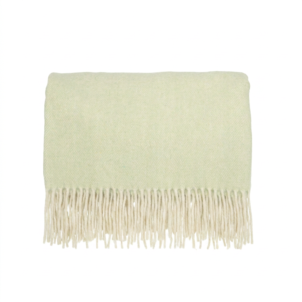 Highland Herringbone Wool Blend Throw Blanket with Tasselled Fringe - SAGE GREEN