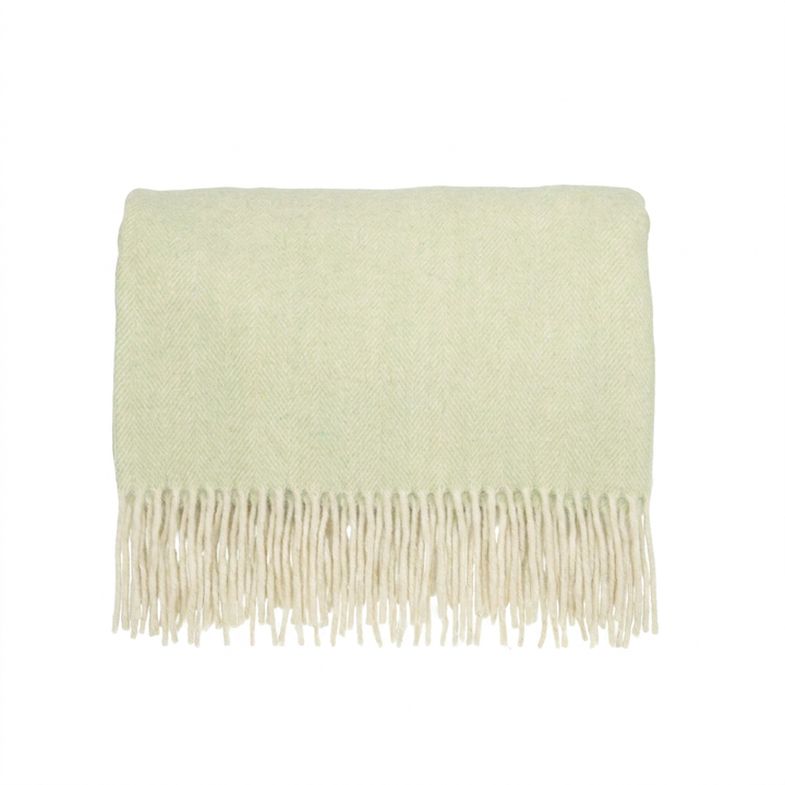 Highland Herringbone Wool Blend Throw Blanket with Tasselled Fringe - SAGE GREEN
