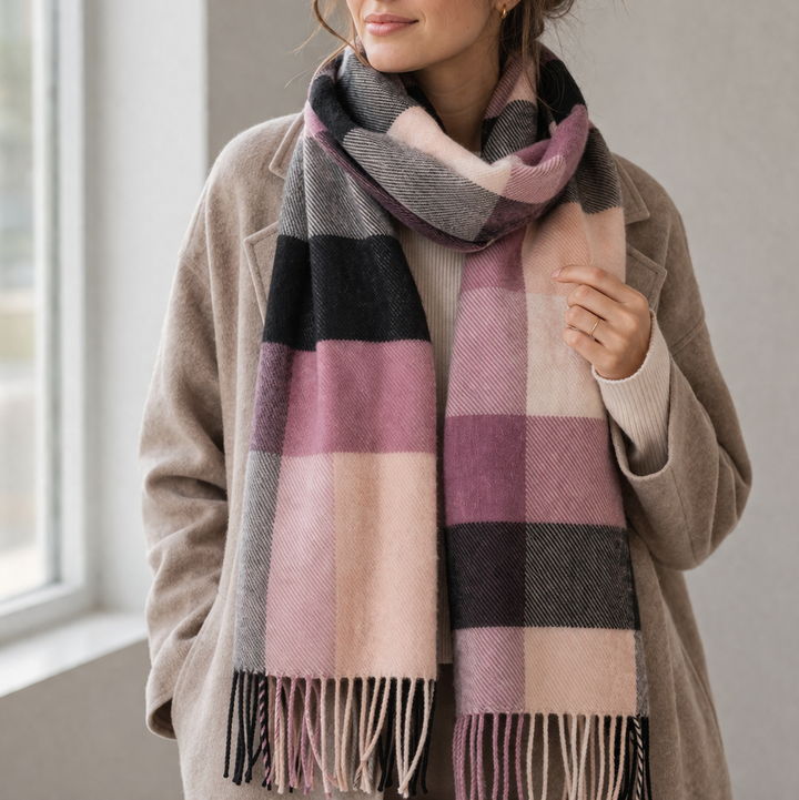 100% Lambswool Scarf – Traditional Tartan &amp; Check Designs - Made in Scotland - 5 Square Check Grey