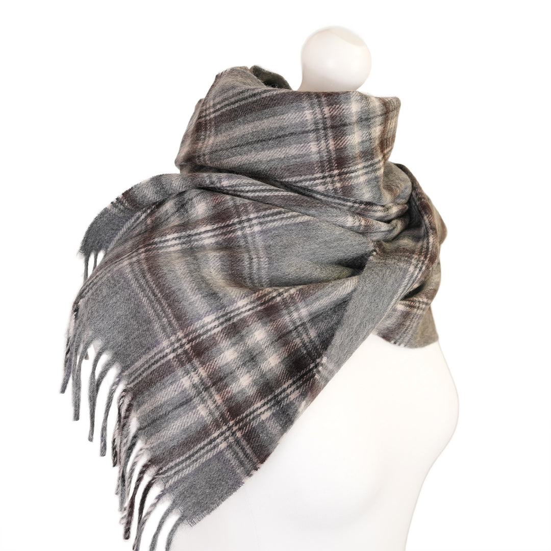 Balmoral 100% Cashmere Woven Scarf Tartan and Checks - Made in Scotland - GREY LILAC