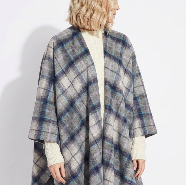 Edinburgh Long Lambswool Tartan Cape – Premium Plaid Wrap - Tweed Tartan Dover - Grey Check