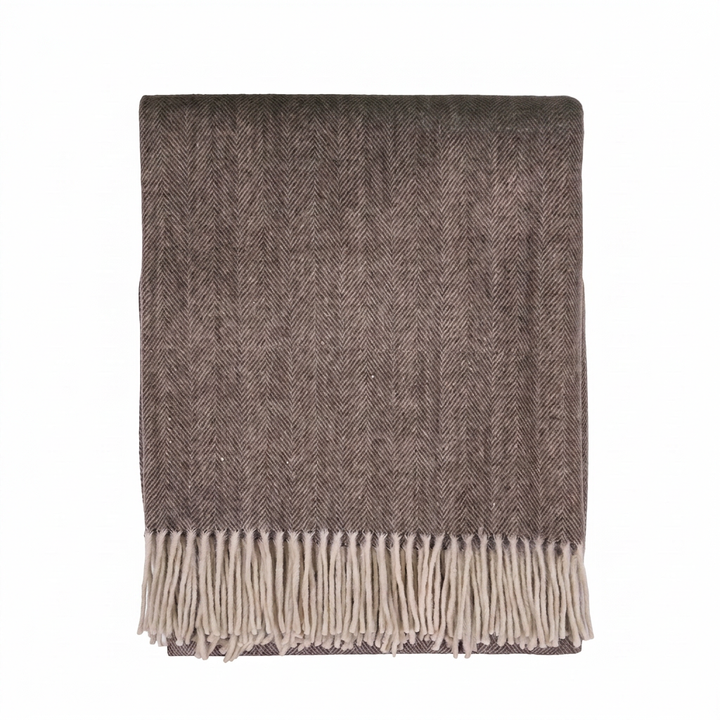 Highland Herringbone Wool Blend Throw Blanket with Tasselled Fringe - DEEP BROWN