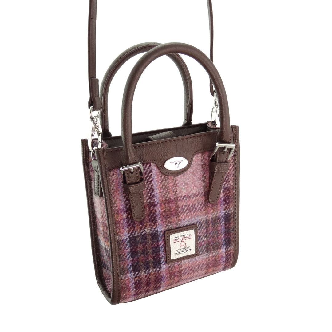 Harris Tweed Keltie Tall Mini Tote Bag - Wool Crossbody Tote - Pink/Burgundy Check (COL154)