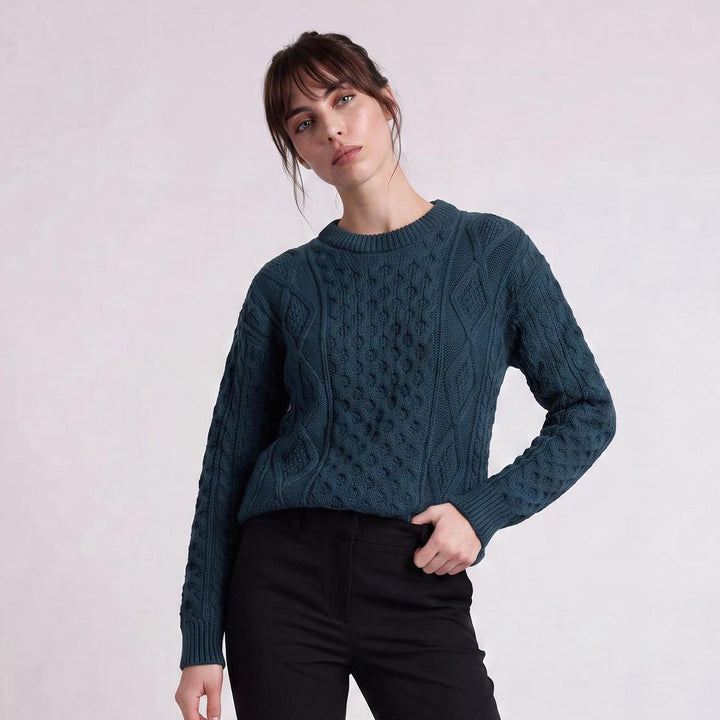 Unisex 100% Wool Aran Cable Knit Crew Neck Jumper – Made in Ireland | Black Watch