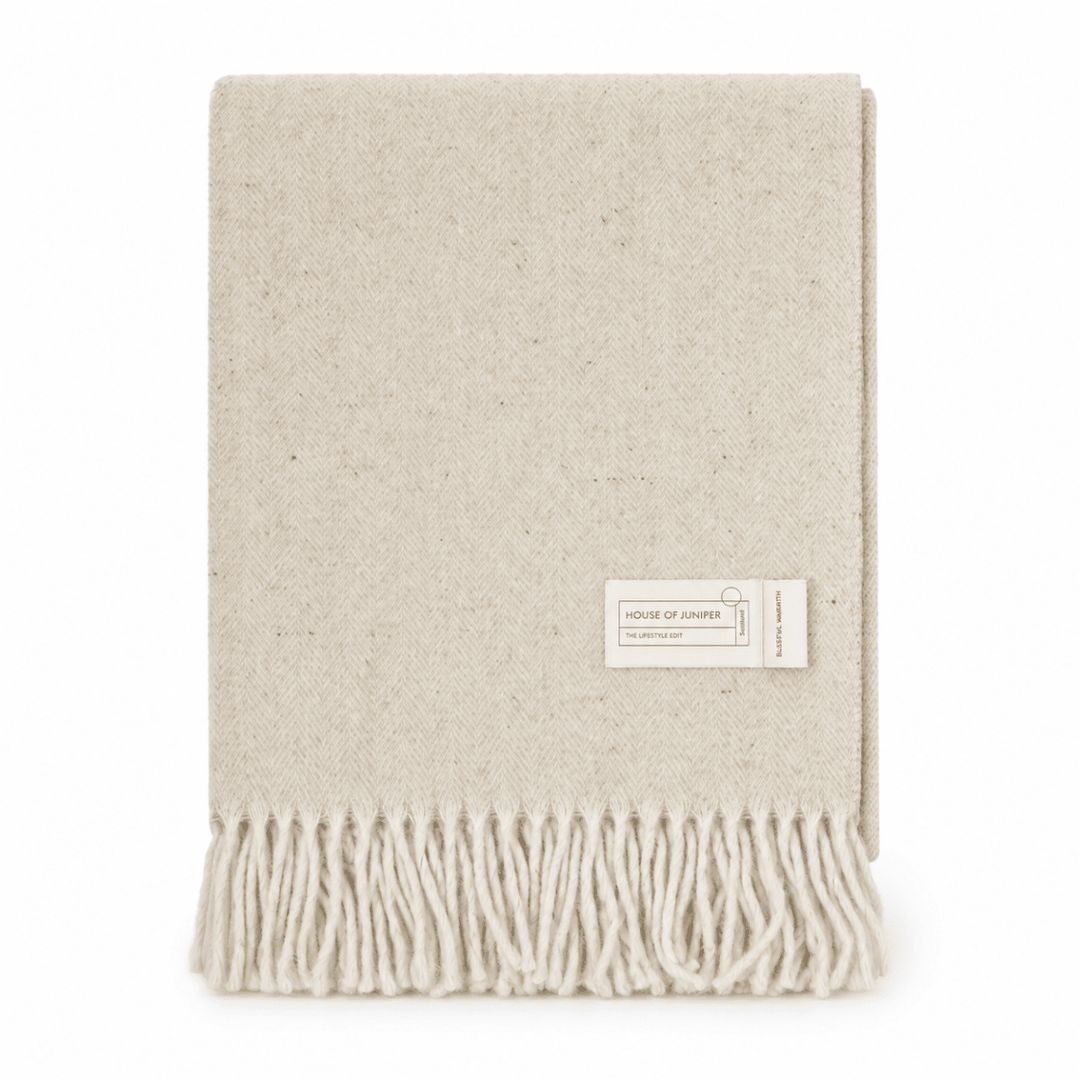 Recycled Wool Herringbone Blanket with Fringe - Soft Warm Throw - SAND BEIGE/NATURAL
