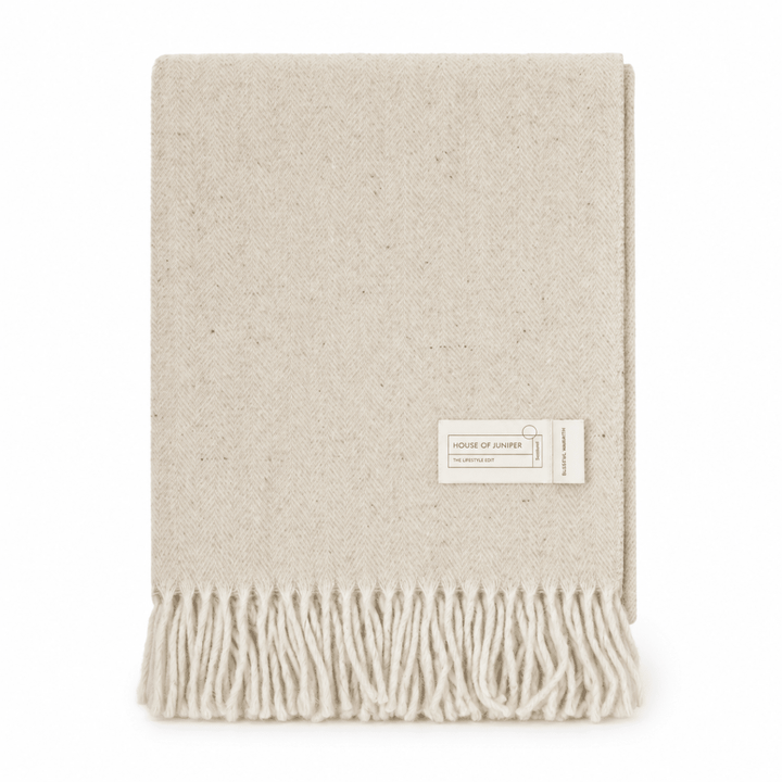 Recycled Wool Herringbone Blanket with Fringe - Soft Warm Throw - SAND BEIGE/NATURAL