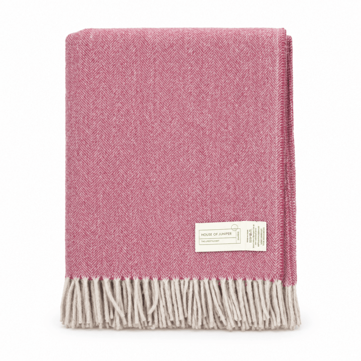 Recycled Wool Herringbone Blanket with Fringe - Soft Warm Throw - PINK