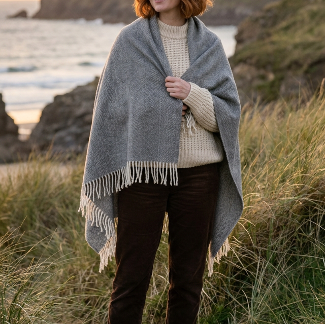 Recycled Wool Herringbone Knee Blanket – Pastel Fringed Throw - DENIM