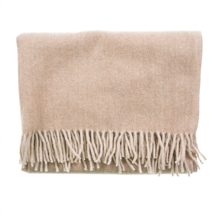 Recycled Wool Herringbone Knee Blanket – Pastel Fringed Throw - SAND BEIGE/NATURAL