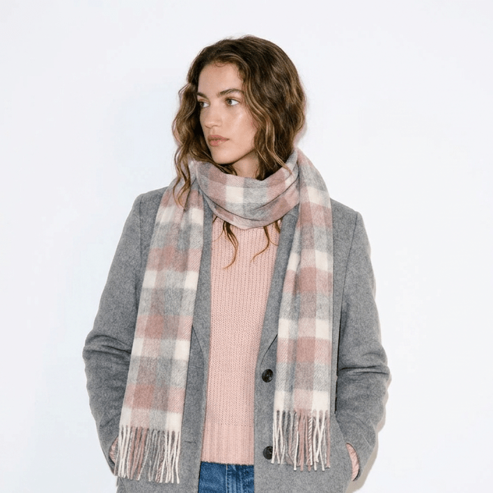 Edinburgh 100% Lambswool Scarf – Premium Soft Wool Wrap - BIG CHECK 27587 MUTED WHITE/PINK