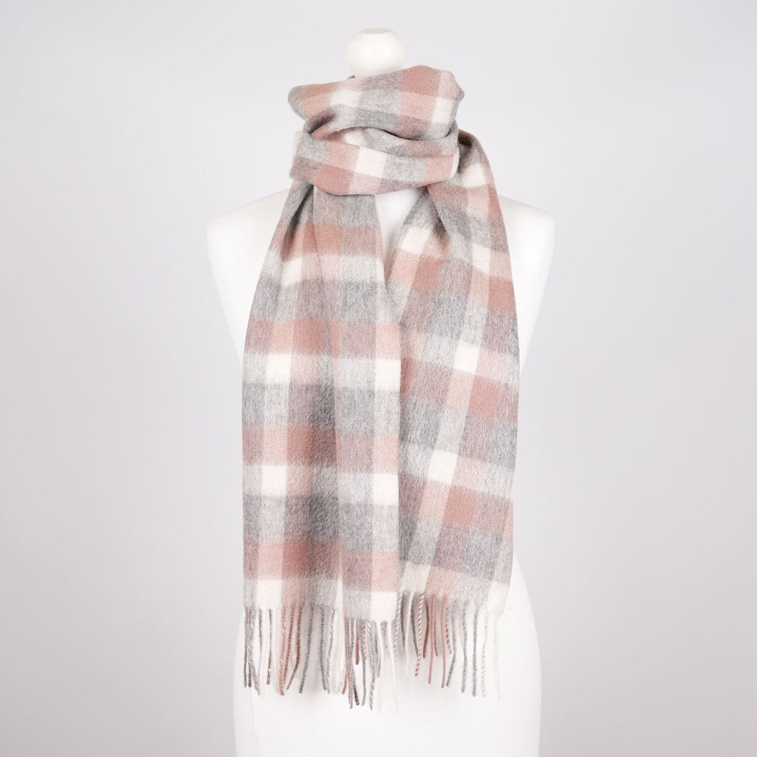 Edinburgh 100% Lambswool Scarf – Premium Soft Wool Wrap - BIG CHECK 27587 MUTED WHITE/PINK