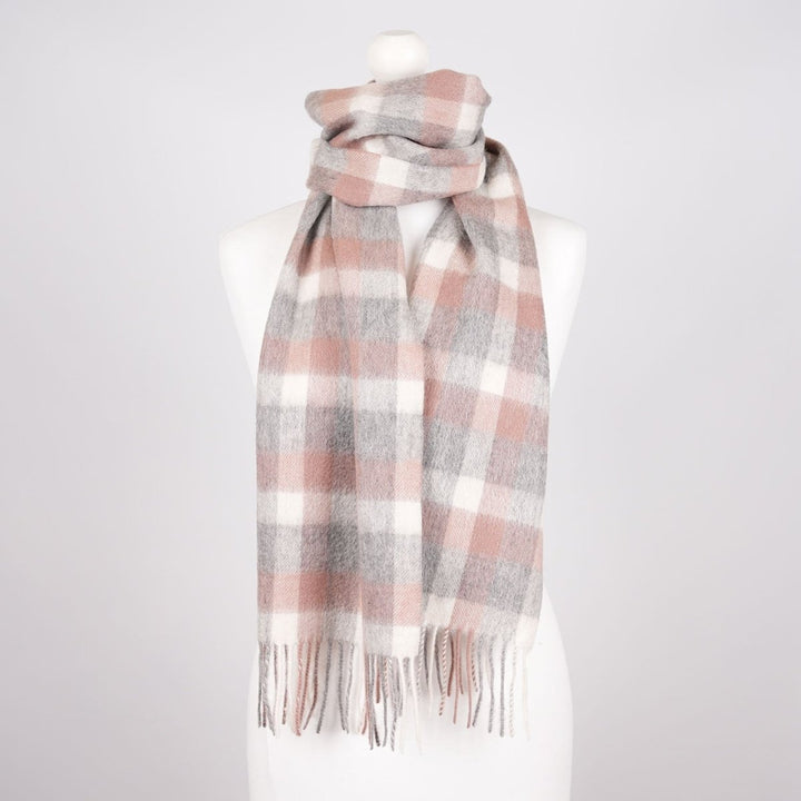 Edinburgh 100% Lambswool Scarf – Premium Soft Wool Wrap - BIG CHECK 27587 MUTED WHITE/PINK