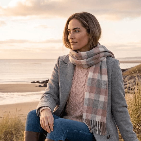 Edinburgh 100% Lambswool Scarf – Premium Soft Wool Wrap - BIG CHECK 27587 MUTED WHITE/PINK