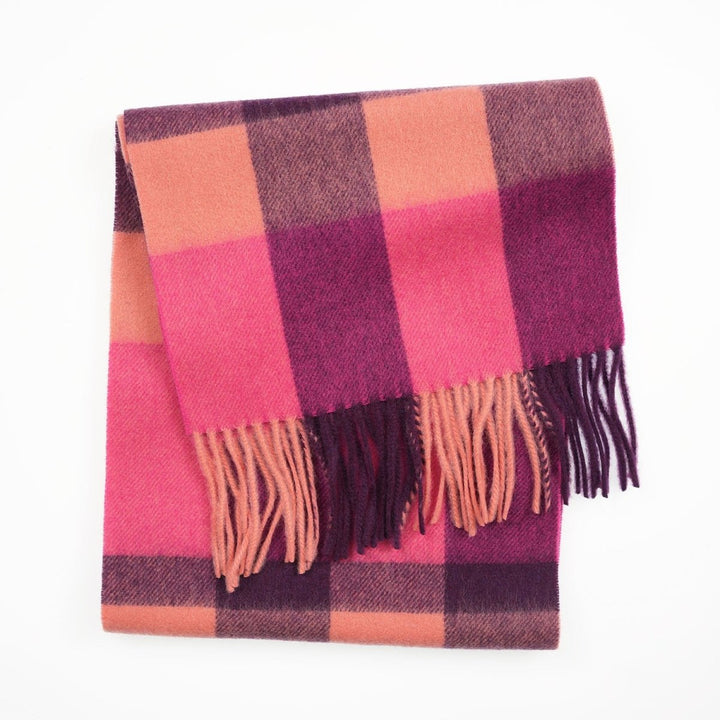 Edinburgh 100% Lambswool Scarf – Premium Soft Wool Wrap - BURSTED CHECK ORANGE/PINK