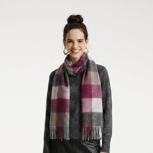 Edinburgh 100% Lambswool Scarf – Premium Soft Wool Wrap - CHECKERS - BURGUNDY