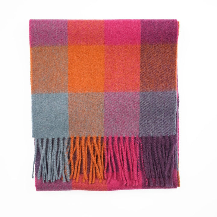 Edinburgh 100% Lambswool Scarf – Premium Soft Wool Wrap - CHECKERS - ORANGE/PINK