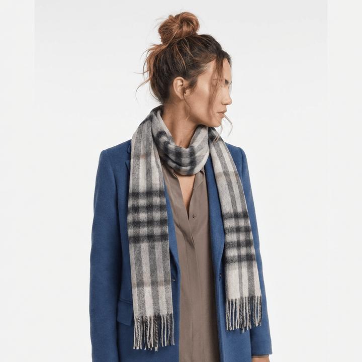 Edinburgh 100% Lambswool Scarf – Premium Soft Wool Wrap - CHEQUER GREY LIGHT YELLOW (24529)