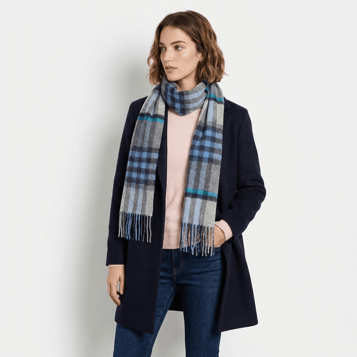 Edinburgh 100% Lambswool Scarf – Premium Soft Wool Wrap - CHEQUER TARTAN BRIGHT BLUE/GREY