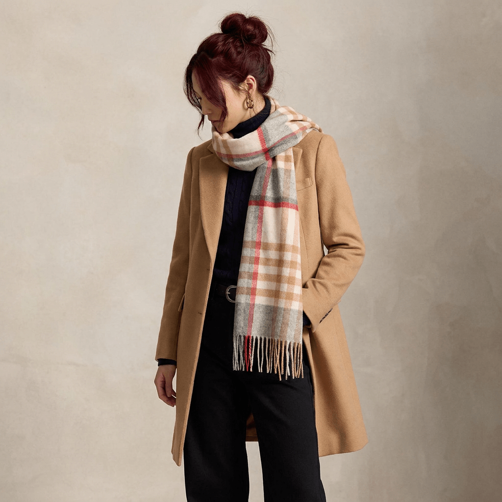 Edinburgh 100% Lambswool Scarf – Premium Soft Wool Wrap - CHEQUER TARTAN LT CAMEL/GREY (24539)