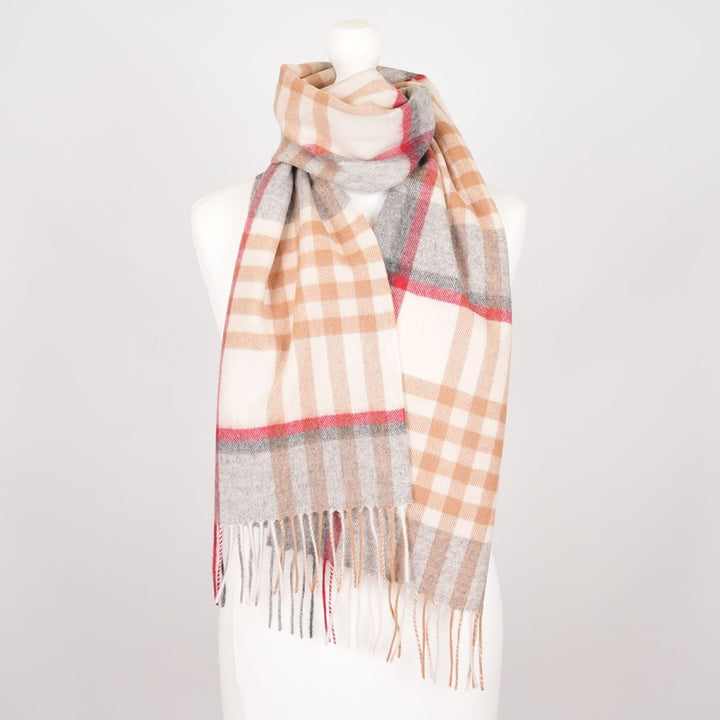 Edinburgh 100% Lambswool Scarf – Premium Soft Wool Wrap - CHEQUER TARTAN LT CAMEL/GREY (24539)