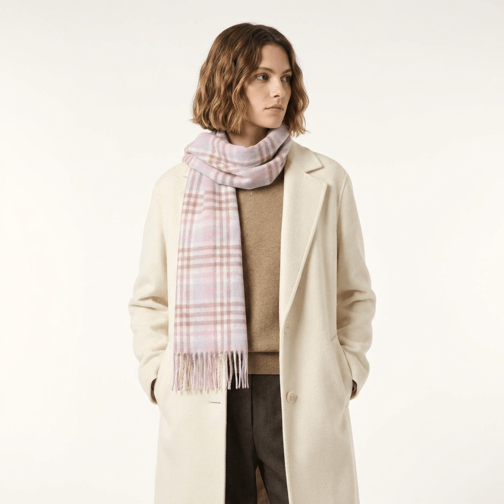 Edinburgh 100% Lambswool Scarf – Premium Soft Wool Wrap - CLUSTER GINGHAM 27622 LILAC/PINK/WHITE