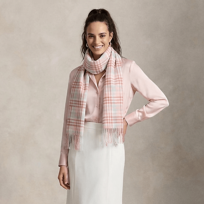 Edinburgh 100% Lambswool Scarf – Premium Soft Wool Wrap - Cluster Gingham Lilac - Pink - White