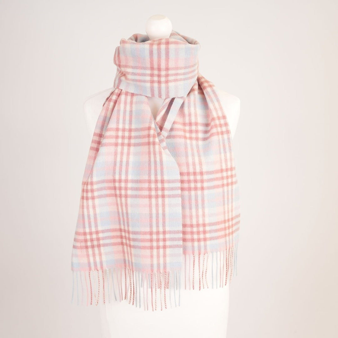 Edinburgh 100% Lambswool Scarf – Premium Soft Wool Wrap - Cluster Gingham Lilac - Pink - White