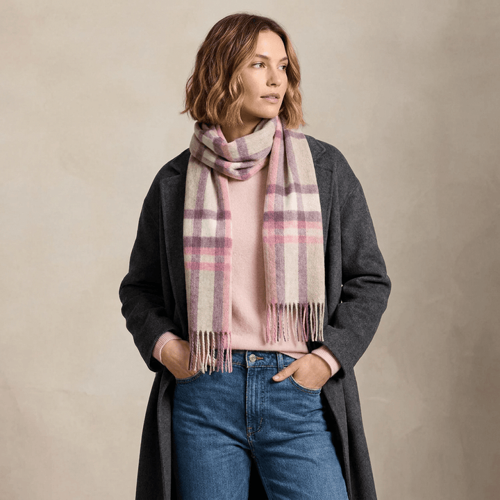 Edinburgh 100% Lambswool Scarf – Premium Soft Wool Wrap - DECO CHECK PEONY