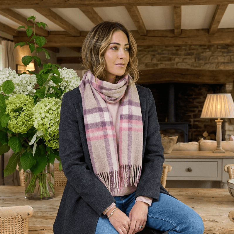 Edinburgh 100% Lambswool Scarf – Premium Soft Wool Wrap - DECO CHECK PEONY