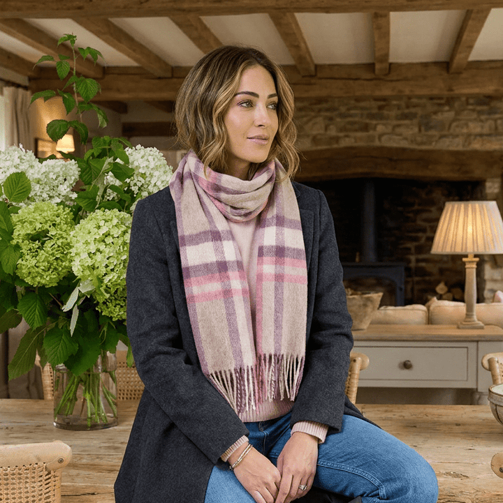 Edinburgh 100% Lambswool Scarf – Premium Soft Wool Wrap - DECO CHECK PEONY