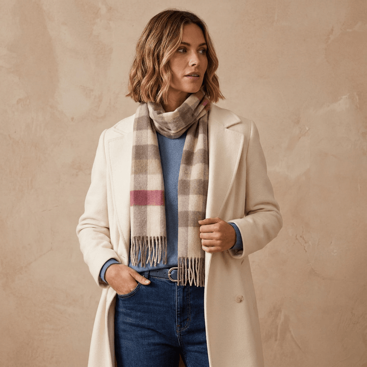 Edinburgh 100% Lambswool Scarf – Premium Soft Wool Wrap - GIANT CHEQUER - PINK/TAUPE