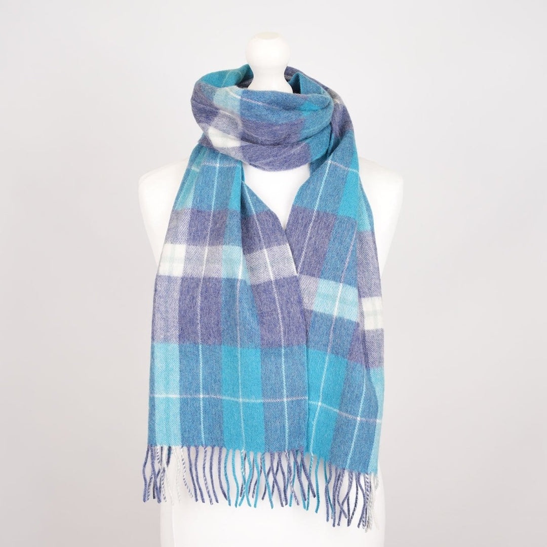Edinburgh 100% Lambswool Scarf – Premium Soft Wool Wrap - HEIVON CHECK - DENIM/AQUA/LAZULI