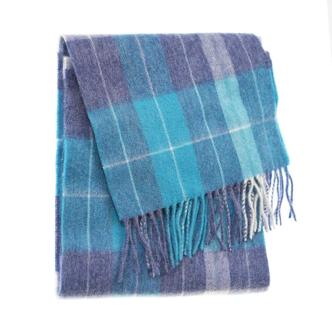 Edinburgh 100% Lambswool Scarf – Premium Soft Wool Wrap - HEIVON CHECK - DENIM/AQUA/LAZULI