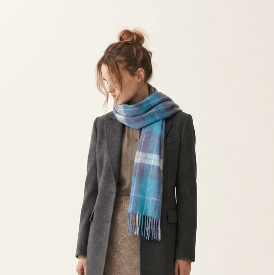 Edinburgh 100% Lambswool Scarf – Premium Soft Wool Wrap - HEIVON CHECK - DENIM/AQUA/LAZULI