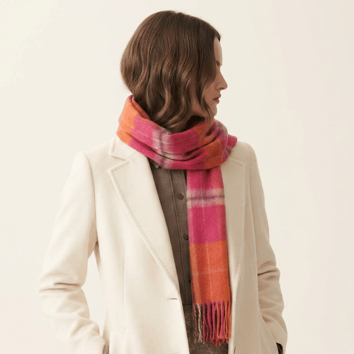 Edinburgh 100% Lambswool Scarf – Premium Soft Wool Wrap - HEIVON CHECK - RADICCHIO/ORIENTAL GINGER