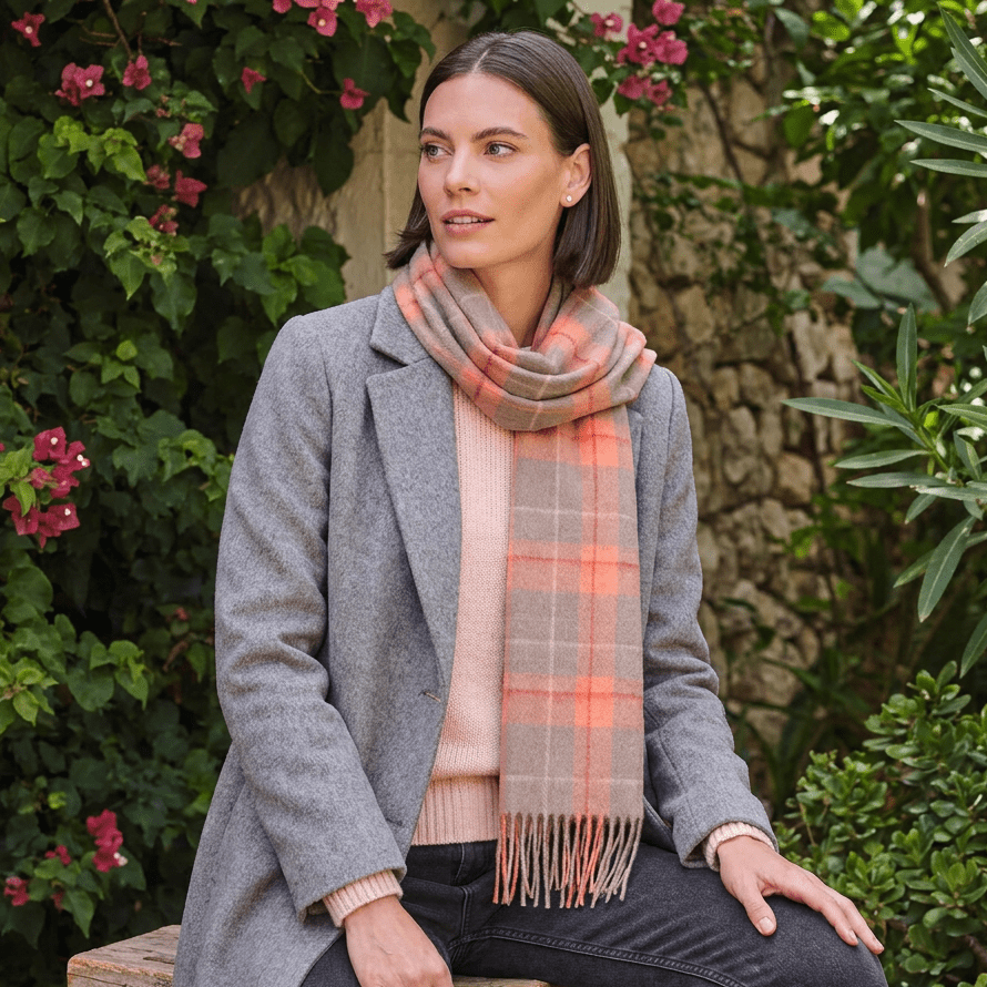 Edinburgh 100% Lambswool Scarf – Premium Soft Wool Wrap - HEIVON TATTERSALL - WARM TAUPE/CORAL