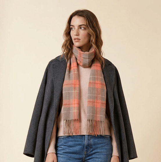 Edinburgh 100% Lambswool Scarf – Premium Soft Wool Wrap - HEIVON TATTERSALL - WARM TAUPE/CORAL