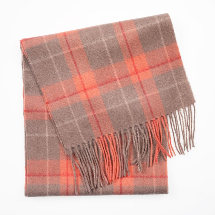 Edinburgh 100% Lambswool Scarf – Premium Soft Wool Wrap - HEIVON TATTERSALL - WARM TAUPE/CORAL