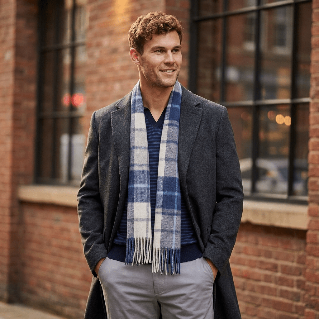 Edinburgh 100% Lambswool Scarf – Premium Soft Wool Wrap - MILL CHECK NAVY