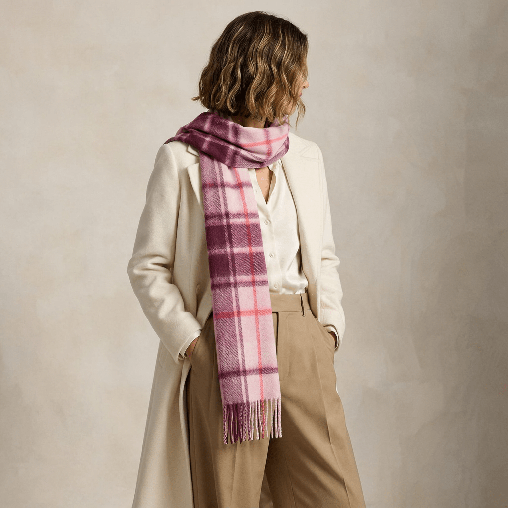 Edinburgh 100% Lambswool Scarf – Premium Soft Wool Wrap - MILL CHECK PINK