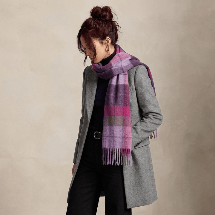 Edinburgh 100% Lambswool Scarf – Premium Soft Wool Wrap - MIXED CHECK - HEATHER/PINK