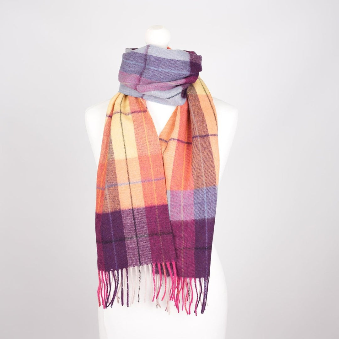 Edinburgh 100% Lambswool Scarf – Premium Soft Wool Wrap - MULTI WINDOWPANE - GINGER/PLUM