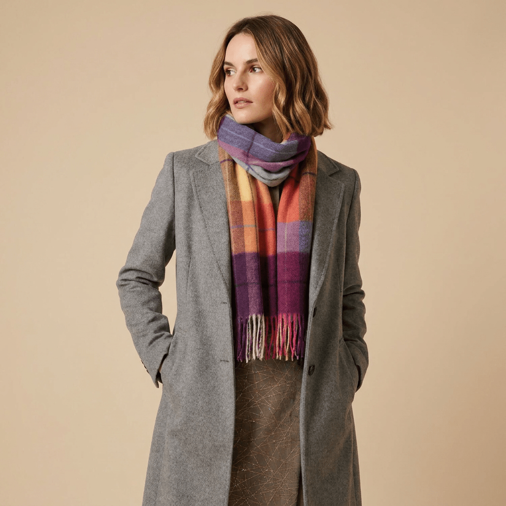 Edinburgh 100% Lambswool Scarf – Premium Soft Wool Wrap - MULTI WINDOWPANE - GINGER/PLUM