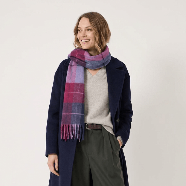 Edinburgh 100% Lambswool Scarf – Premium Soft Wool Wrap - MULTI WINDOWPANE - NAVY/PINK