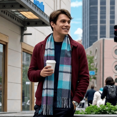 Edinburgh 100% Lambswool Tartan Scarf Myriad Check - Aqua/Navy/Bordeaux
