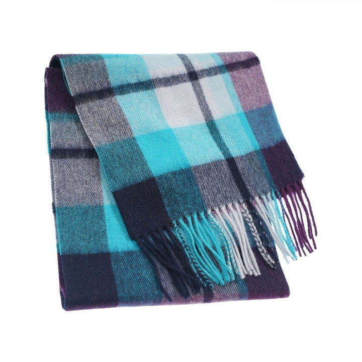 Edinburgh 100% Lambswool Tartan Scarf Myriad Check - Aqua/Navy/Bordeaux
