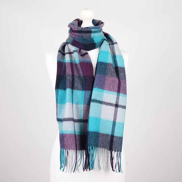 Edinburgh 100% Lambswool Tartan Scarf Myriad Check - Aqua/Navy/Bordeaux