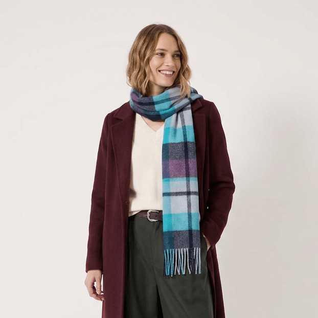 Edinburgh 100% Lambswool Tartan Scarf Myriad Check - Aqua/Navy/Bordeaux